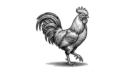 Detailed standing rooster poultry engraving illustration. © ria