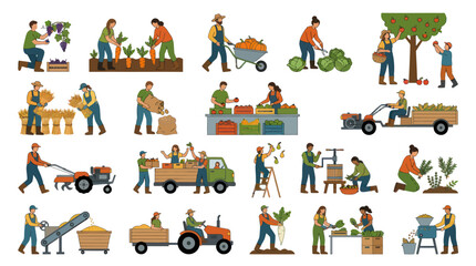 Fototapeta premium Flat Vector Illustration of Farmers and Agricultural Activities: Harvesting, Planting, and Processing Crops