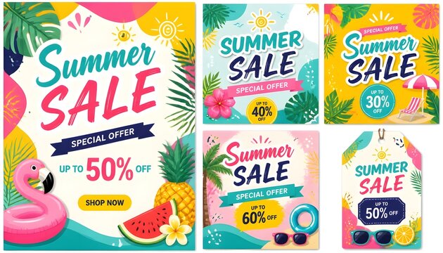 Summer Sale clipart poster set. Summer Sale special offer shopping discount clip art with summer elements in colorful abstract background for tropical season tags and fliers advertisement collection.