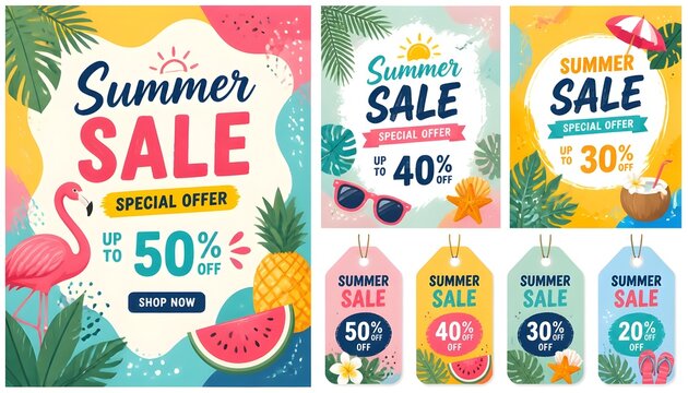 Summer Sale clipart poster set. Summer Sale special offer shopping discount clip art with summer elements in colorful abstract background for tropical season tags and fliers advertisement collection.