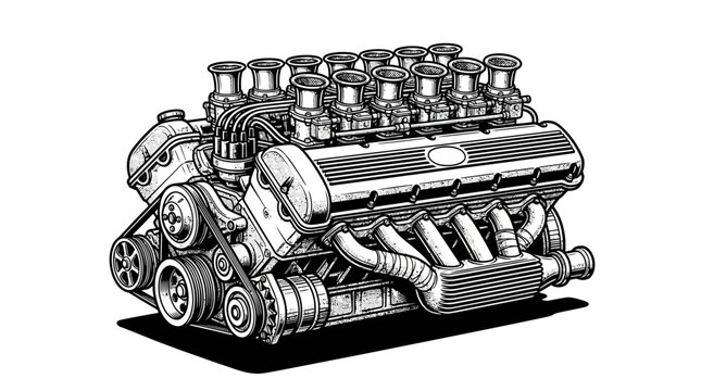 Detailed V8 engine block mechanical line illustration