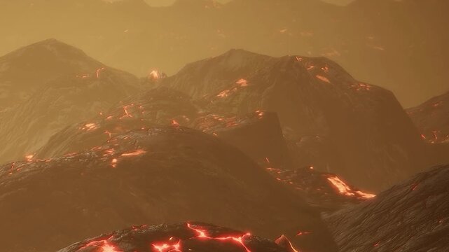 Lava flows across rocky terrain during a volcanic eruption. The landscape shows dark volcanic rocks and glowing lava at a location likely near an active volcano.