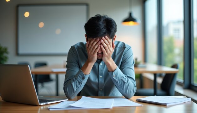 Frustrated young man sitting at office desk with hands covering face, overwhelmed by work stress, in a modern workspace with a laptop, documents, and large windows
