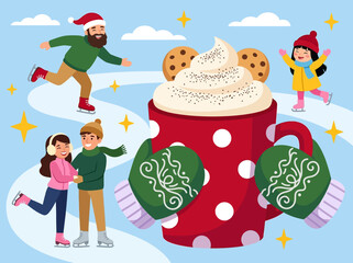 Fototapeta premium Festive Illustration of People Ice Skating Around Giant Hot Cocoa Mug