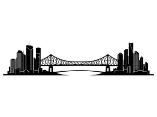 Fototapeta premium Minimalist Black Silhouette of an Urban City Skyline Featuring a Truss Bridge Over a River Against a Plain White Background