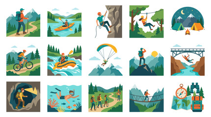 Fototapeta premium Outdoor Adventure Vector Icons: Hiking, Kayaking, Climbing, Camping, Biking, Paragliding, Caving