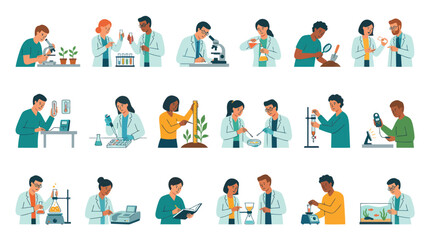 Fototapeta premium Flat Vector Illustration of Scientists and Researchers Performing Experiments in a Science Laboratory