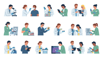 Fototapeta premium Flat Vector Set of Scientists Conducting Research in Laboratory