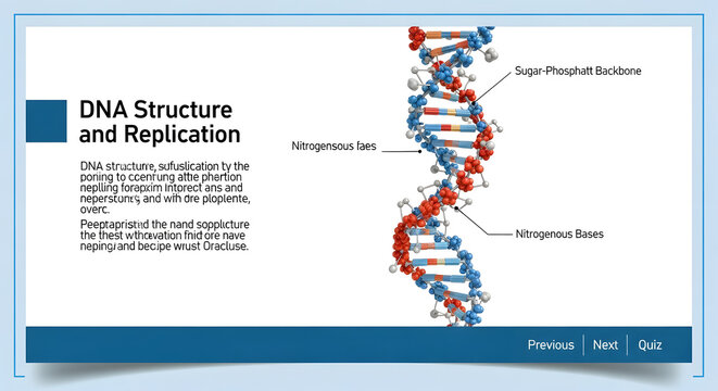 DNA structure and replication illustration with sugar-phosphate backbone and nitrogenous bases.