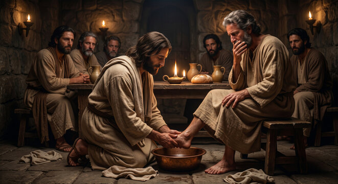 Bible, A powerful, low-key shot showing Jesus kneeling before Peter to wash his feet. The contrast between the humility of the act and the grandeur of the occasion is profound. 