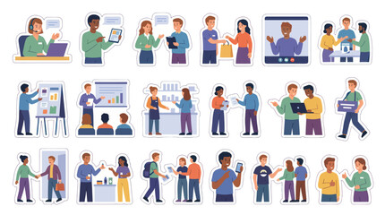 Fototapeta premium Flat Vector Business People Sticker Set for Workplace Communication, Teamwork Office Activities