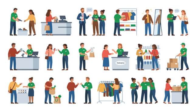 Retail and shopping flat illustration set: customer service, store staff, buyers, and sales scenes