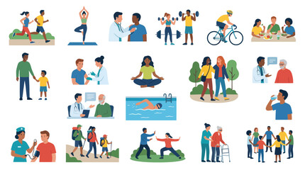 Fototapeta premium Health and Wellness Flat Style Vector Illustration Set Featuring Diverse People and Healthy Lifestyle Activities