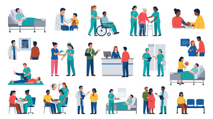 Fototapeta premium Flat Vector Medical Illustration: Doctors, Nurses, Patients, Hospital Scenes