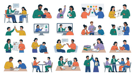 Fototapeta premium Diverse students and teachers collaborate in modern flat illustration style