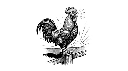 Rooster crowing on fence at sunrise engraving. © ria