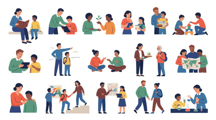 Fototapeta premium Flat Vector Education Learning Illustration Set: Diverse Teachers and Students in Various Academic Activities