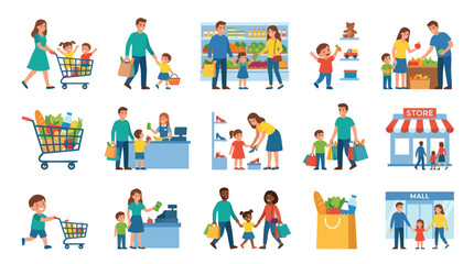 Fototapeta premium Flat Style Vector Icons of Families Shopping in Store and Mall