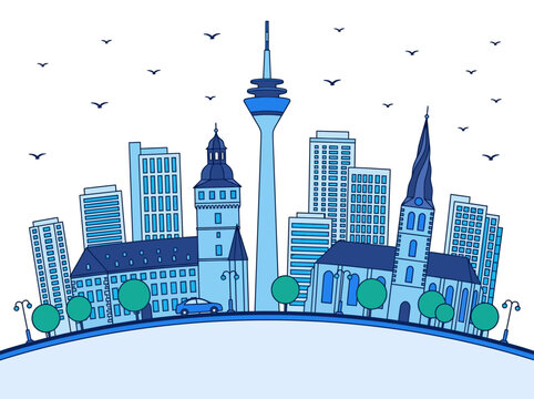 Dusseldorf Germany City Skyline Stylized Blue Line Art Illustration