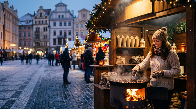 Woman roasting chestnuts at Christmas market stall in old town