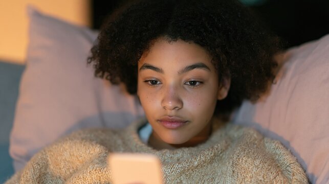 Hooked by the phone: light Brown adolescent is doomscrolling in bed