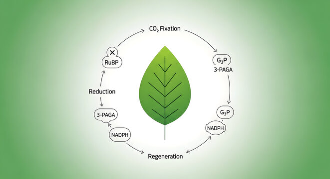 Calvin cycle simplified schematic diagram with leaf icon and process steps.
