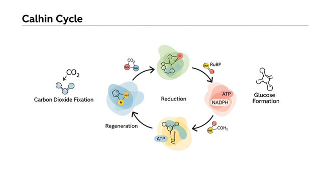 Calvin cycle conceptual diagram illustrating carbon dioxide fixation reduction and glucose.