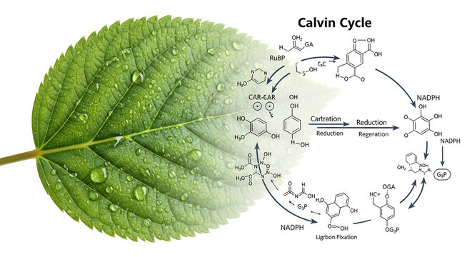 Calvin cycle biochemical pathway diagram with intricate molecular structures and leaf.
