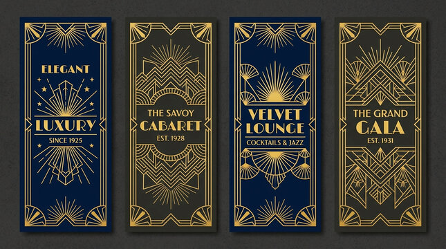 Four vintage art deco style vertical banners featuring gold geometric patterns and text for elegant luxury savoy cabaret velvet lounge grand gala events.