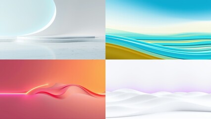 Fototapeta premium Abstract backgrounds, smooth gradients, flowing shapes. Minimalist design, soft colors, modern aesthetic. Four panels present varied textures, light effects.