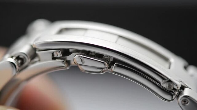 Close-up of a luxurious silver metal watch strap clasp mechanism