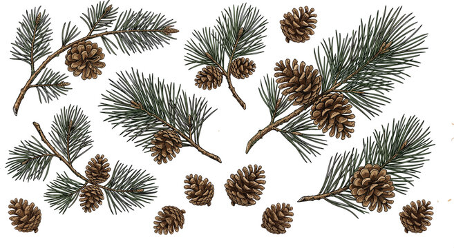 Vintage botanical illustration set featuring hand drawn pine tree branches and brown cones design element collection