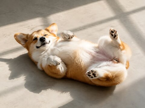 A fluffy corgi dog lying on its back on a light concrete floor with its paws in the air and a happy expression under bright sunlight shadows