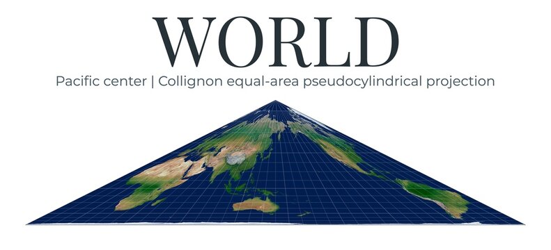 World Map. Collignon equal-area pseudocylindrical projection. Pacific center at 0 latitude and 150 longitude. Global statistical mapping with physical details.
