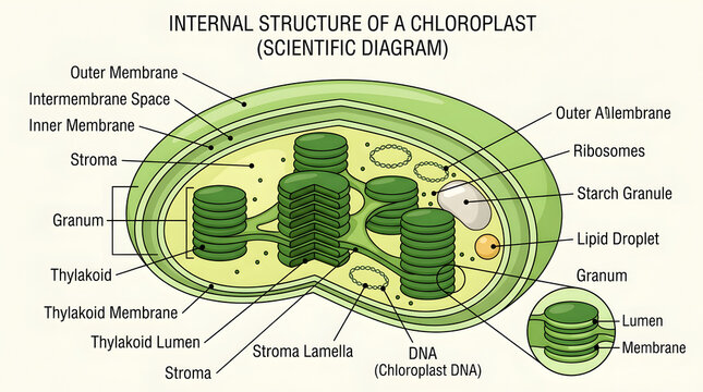 Scientific diagram illustrating internal structure of plant chloroplast showing granum and thylakoid.