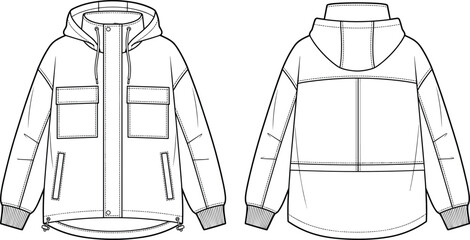 Women's Hooded Utility Jacket Technical Flat Sketch Front and Back Apparel Template © Mst