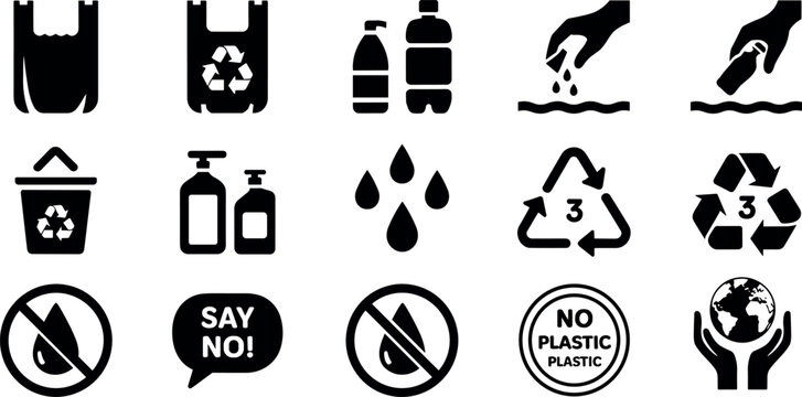 Set of flat plastic pollution and recycling icons featuring waste, environmental protection, no plastic symbols, and sustainable living elements.