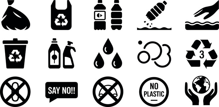Set of flat plastic pollution and recycling icons featuring waste, environmental protection, no plastic symbols, and sustainable living elements.