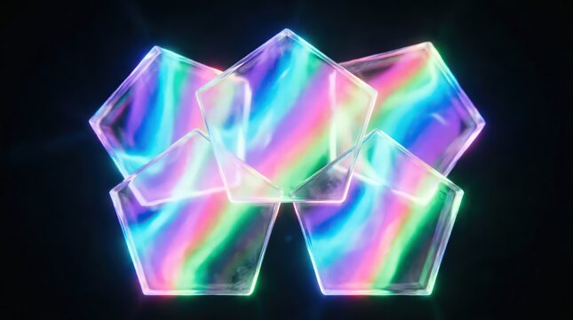 Abstract Composition of Glowing Iridescent Pentagons on Black Background