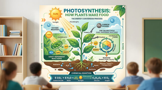 photosynthesis how plants make food comprehensive educational diagram for classroom presentation.