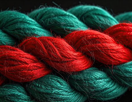 Close-up Macro Shot of Braided Red and Green Yarn Threads.