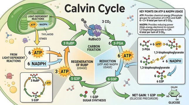 Diagram showing calvin cycle process in chloroplast with light dependent reactions and atp usage cycle.
