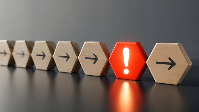 Business risk management crisis strategy and process disruption visualized by red glowing exclamation mark bottleneck breaking wooden arrow sequence