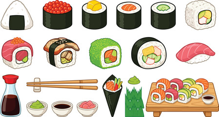 Japanese sushi roll and onigiri cartoon vector set with nigiri chopsticks ginger wasabi soy sauce and wooden platter. © farida
