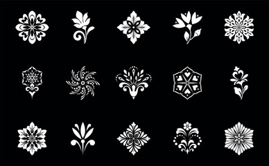 Fototapeta premium Geometric floral set of seamless patterns. White and black vector backgrounds. Damask graphic ornaments.