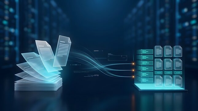 Digital transformation migrating physical office documents to secure cloud server database for modern paperless archive infrastructure