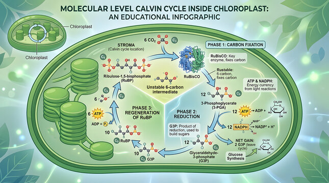 Molecular level Calvin cycle inside chloroplast an educational infographic illustrating all phases.