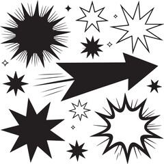 Set of black isolated explosion starbursts, comic elements, and arrow on transparent background. © Mohinur