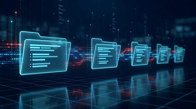 Digital document management system transferring glowing holographic folders through futuristic data network database architecture