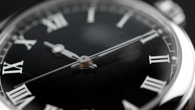 Close up of a classic wristwatch with black dial and Roman numerals